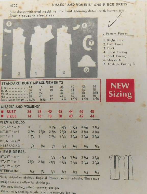 BUTTERICK 4702 SLIM DRESS WITH OVAL NECKLINE-FRONT SEAMING SIZE 18 BUST 40 COMPLETE-ZIPLOC