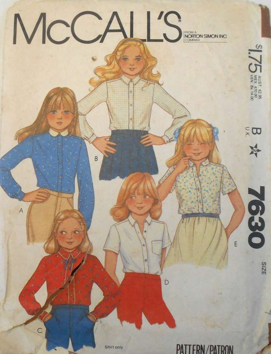 McCALLS 7630 GIRLS SHIRT SIZE 7 YEARS  COMPLETE