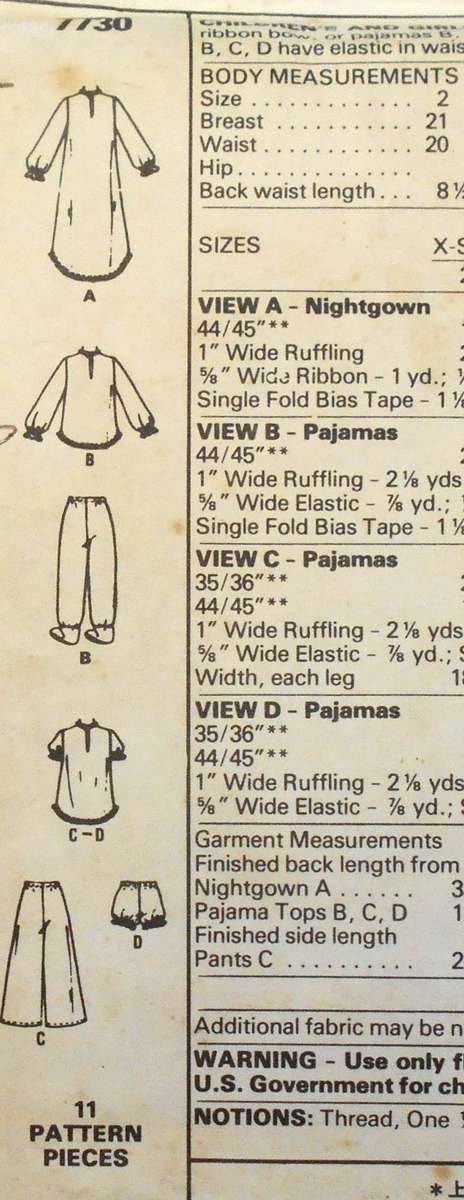 McCALLS 7659 GIRLS NIGHTGOWN &PJS WITH IRON ON TRANSFER SIZE MEDIUM 6-8 YEARS COMPLETE