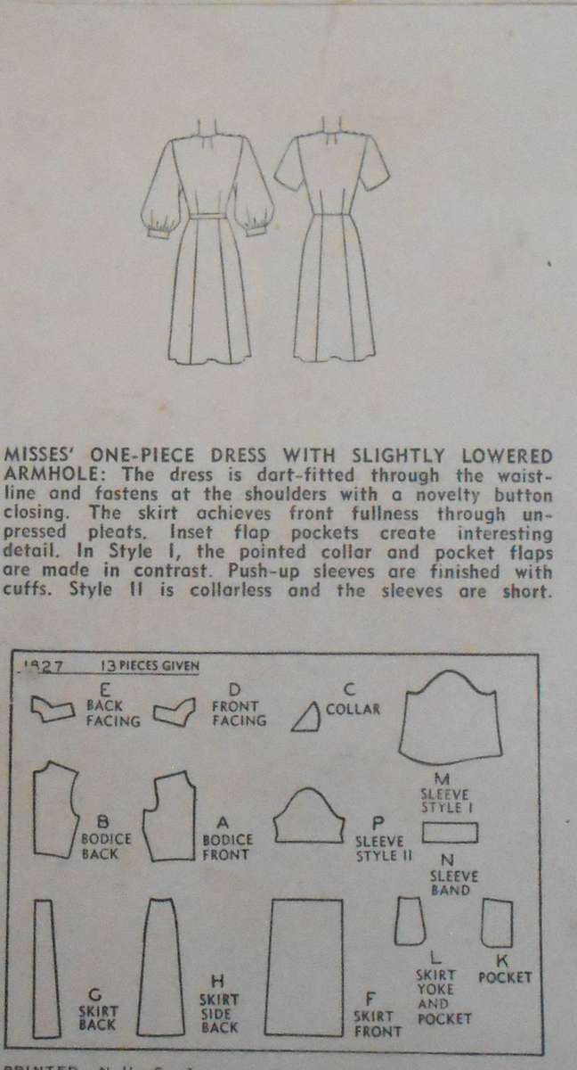 VERY VINTAGE SIMPLICITY 1827 ONE PIECE DRESS SIZE 18 BUST 36 COMPLETE