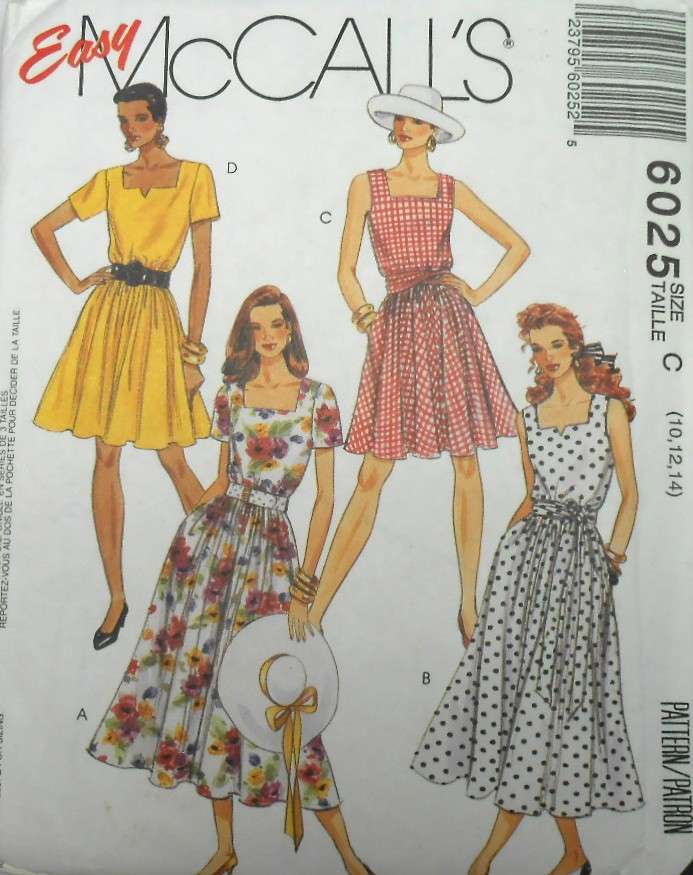 McCALLS  6025 SQUARE NECK DRESS WITH SIDE POCKETS & TIE BELT SIZE 10-12-14 COMPLETE-UNCUT-F/FOLDED