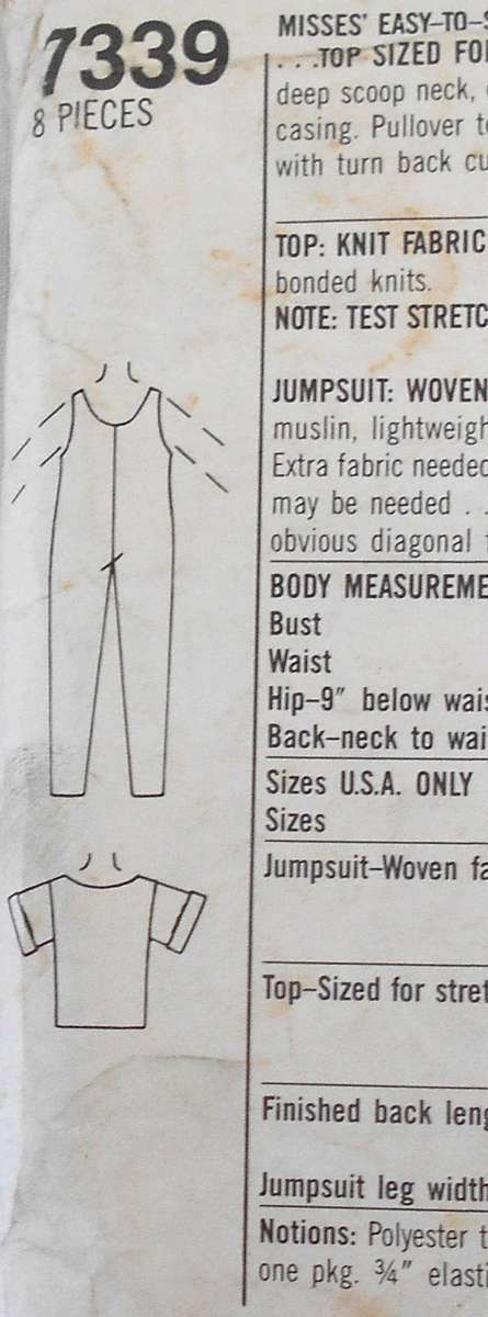 SIMPLICITY 7339 V/LOOSE PULL-ON JUMPSUIT-PULLOVER TOP SIZE 12-14-16 COMPLETE-UNCUT-PART CUT TO 16