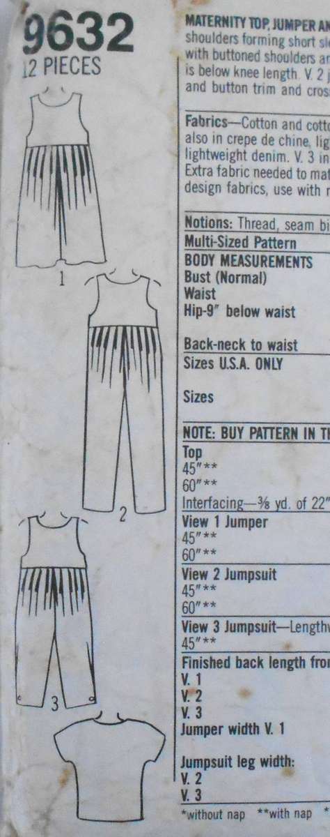 SIMPLICITY 9632 MATERNITY TOP-PINAFORE-JUMPSUIT IN 2 LENGTHS SIZE 31 1/2"-46" COMPLETE