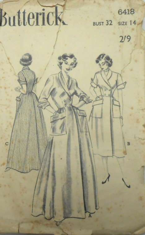 V/VINTAGE BUTTERICK 6418 HOUSECOAT OR SHORT BRUNCH COAT SIZE 14 BUST 32 -NO POCKET PATTERN SUPPLIED