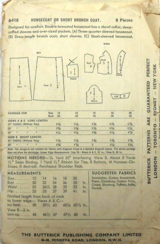 V/VINTAGE BUTTERICK 6418 HOUSECOAT OR SHORT BRUNCH COAT SIZE 14 BUST 32 -NO POCKET PATTERN SUPPLIED