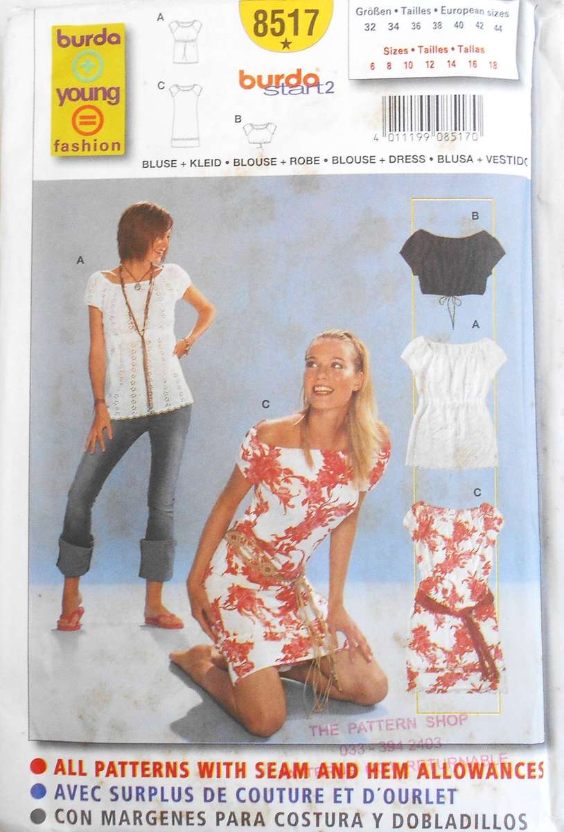 BURDA 8517 GATHERED ELASTICATED PUFF SLEEVE-CROP TOP-TOP-DRESS SIZE 6-18 COMPLETE CUT TO 18