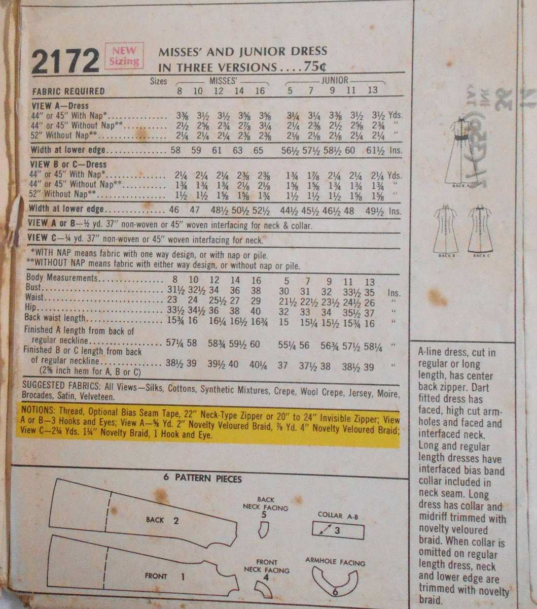 VINTAGE McCALLS 2172-DRESS IN 3 VERSIONS SIZE 12 BUST 34" COMPLETE