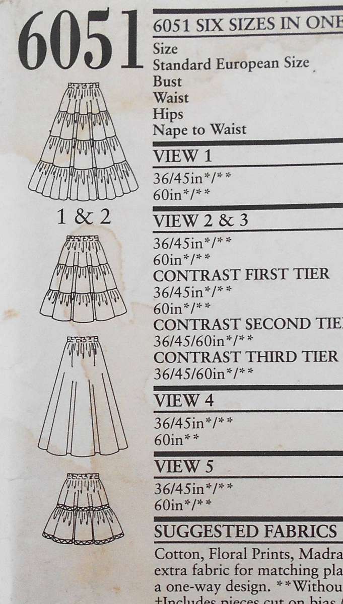 NEW LOOK PATTERNS 6051 TIERED SKIRTS-SIZE 6-16 COMPLETE-CUT TO 16