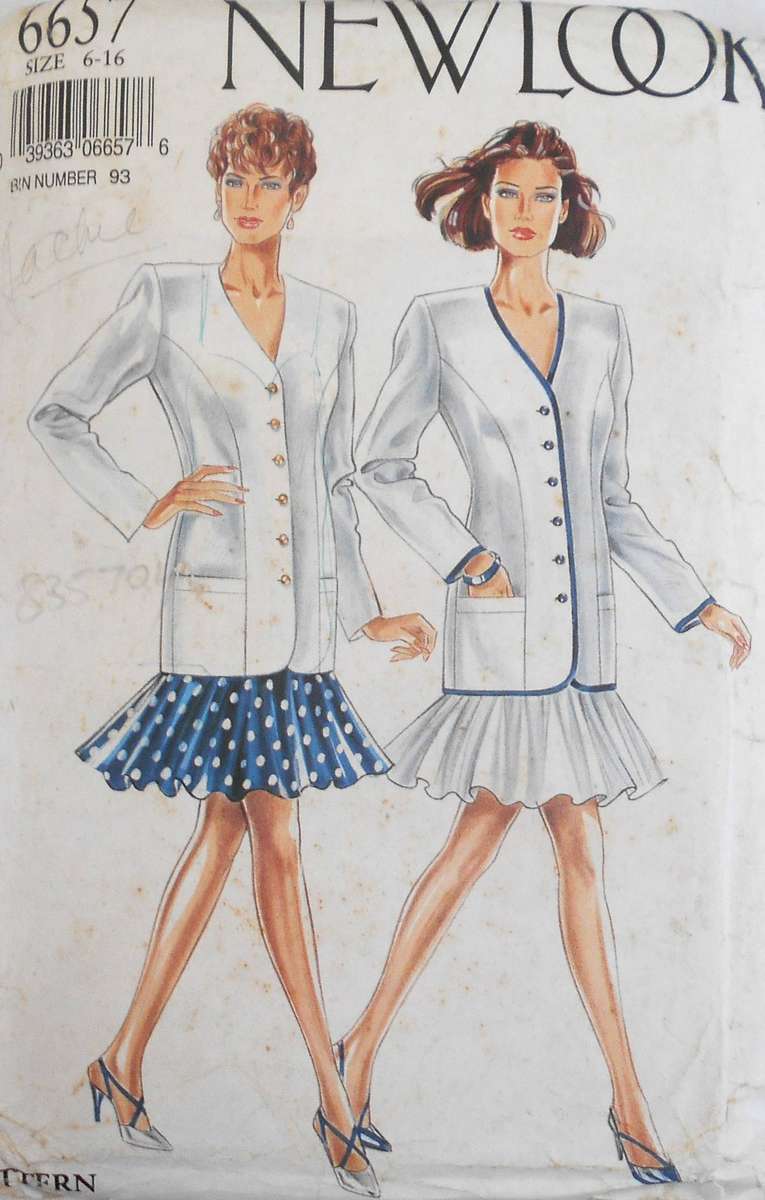 NEW LOOK PATTERNS 6657 BUTTONED JACKET WITH SHORT FLARED SKIRT-SIZE 6-16 COMPLETE-CUT TO 12