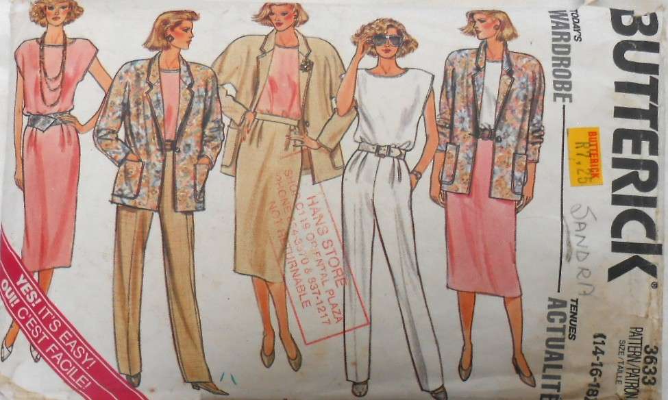 BUTTERICK 3633 JACKET-SKIRT-PANTS-TOP SIZE 14-16-18 COMPLETE-CUT TO 18