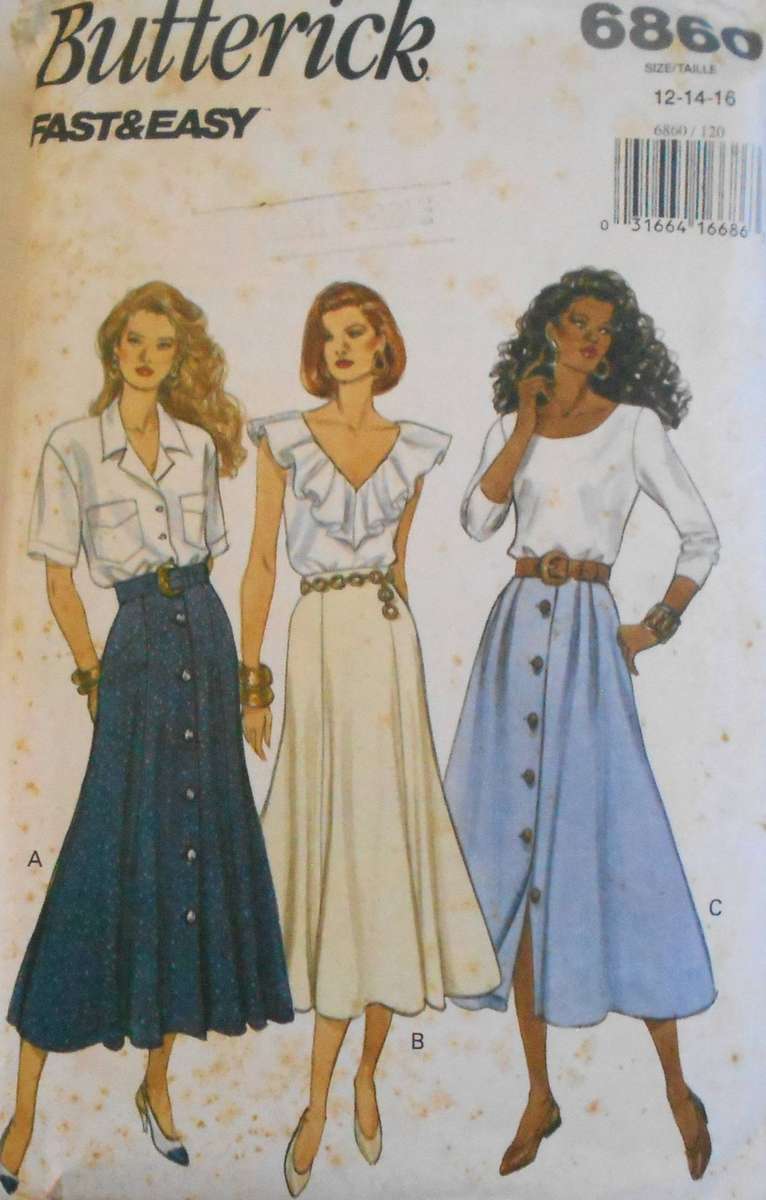 BUTTERICK 6860 SET OF FRONT BUTTON SKIRTS SIZE 12-14-16 COMPLETE PART CUT TO 16