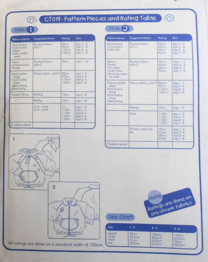 FUN US PATTERNS CT019-KIDDIES WINTER JACKET WITH HOODIE-SIZES 1-8 YEARS-COMPLETE-PART CUT