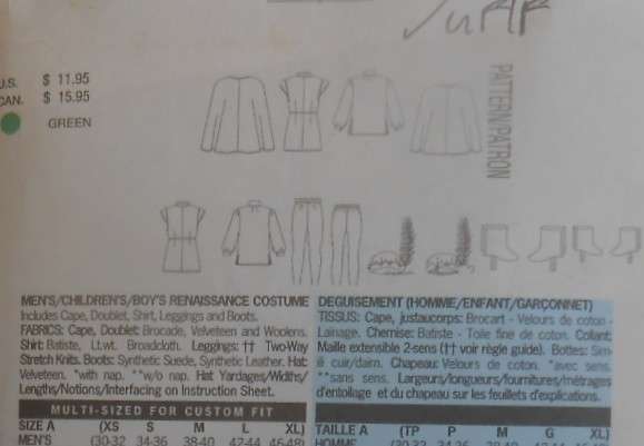 BUTTERICK 5656 MENS RENAISSAINCE COSTUMES  30-48" COMPLETE-UNCUT-F/FOLDED