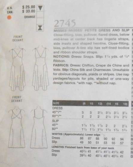 VOGUE 2745 STUNNING CLOSE FITTING FLARED PULLOVER DRESS & SLIP SIZE 14-16-18 COMPLETE-CUT TO 18