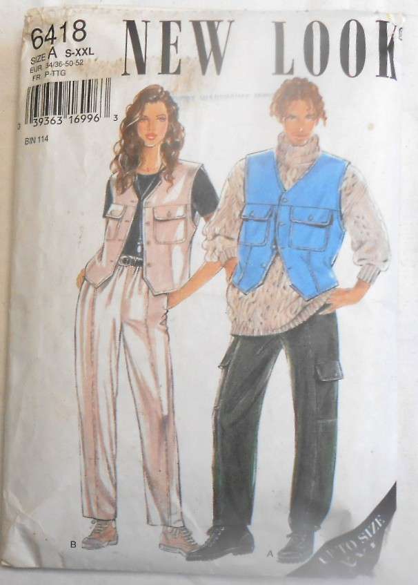 NEW LOOK PATTERNS 6418 WAISTCOAT+POCKETS-PANTS+/-SIZES S-XXL COMPLETE-CUT TO XXL (46-48")