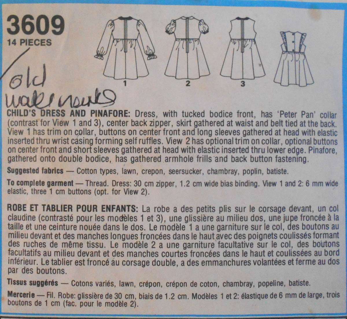 STYLE 3609 CHILD DRESS & PINAFORE SIZE 2-3-4-5-6 YEARS COMPLETE-OLD WATERMARKS VISIBLE