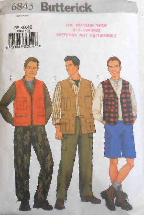 BUTTERICK 6843 MEN'S WAISTCOAT-SHORTS-PANTS SIZE 38-40-42 COMPLETE-PART CUT TO 42