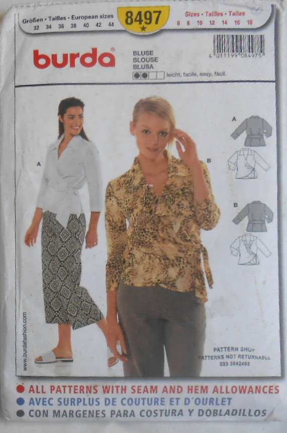 BURDA 8497 LADIES BLOUSE WITH SIDE TIE SIZE 6-8-10-12-14-16-18 COMPLETE-PART CUT TO 18