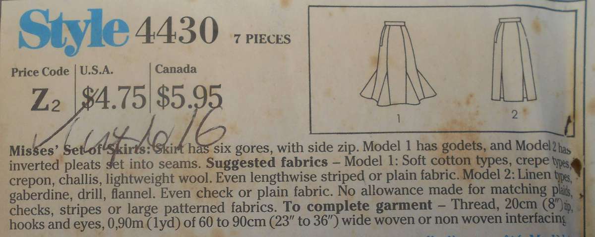 STYLE 4430 SET OF SKIRTS SIZE 12-14-16 COMPLETE-CUT TO 16