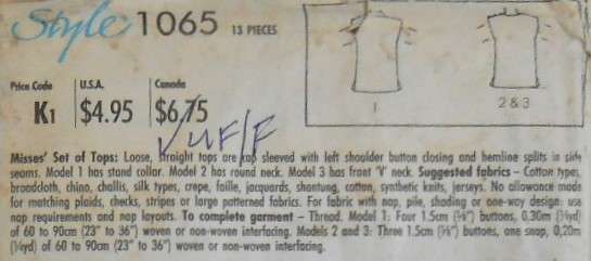 STYLE 1065 SET OF LOOSE STRAIGHT TOPS SIZE 6-14 COMPLETE-UNCUT-F/FOLDED-ZIPLOC