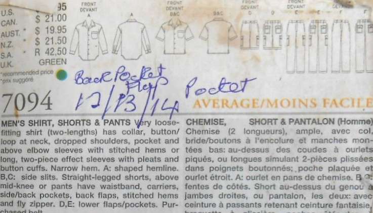 VOGUE MEN 7094 SHIRT-PANTS-SHORTS SIZE L-XL 42-48" 12/13/14 NO BACK POCKET-FLAP-POCKET OF PANTS