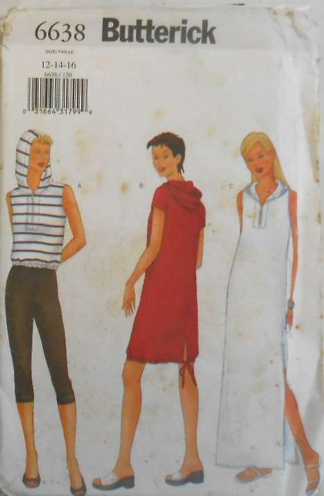 BUTTERICK 6638 CLOSE FITTING HOODIE TOP-DRESS & PANTS SIZE 12-14-16 COMPLETE-UNCUT-F/FOLDED