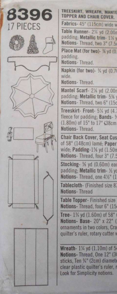 SIMPLICITY 8396 CHRISTMAS-TREE BASE-MANTEL PIECE-STOCKING-PLACE MAT-TABLECL0TH COMPLETE-UNCUT-F/F