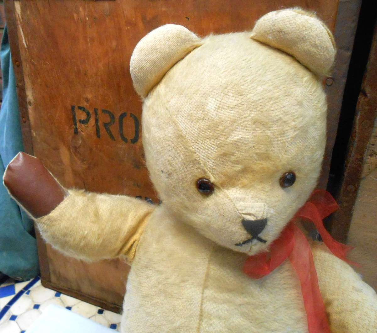HUGE MOHAIR VINTAGE ARK TEDDY BEAR-GROWLER-RED BOW & REXINE PAWS MADE IN DURBAN IN 1950'S