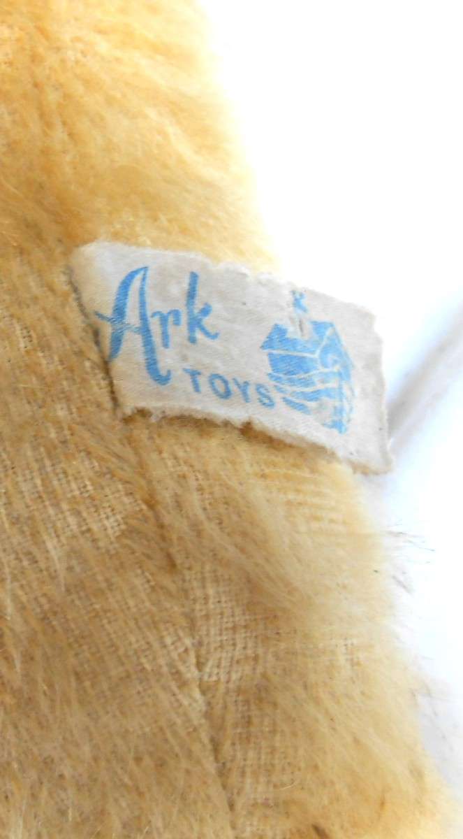 HUGE MOHAIR VINTAGE ARK TEDDY BEAR-GROWLER-RED BOW & REXINE PAWS MADE IN DURBAN IN 1950'S