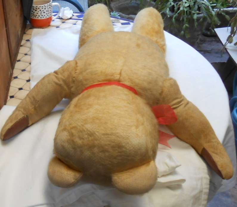 HUGE MOHAIR VINTAGE ARK TEDDY BEAR-GROWLER-RED BOW & REXINE PAWS MADE IN DURBAN IN 1950'S