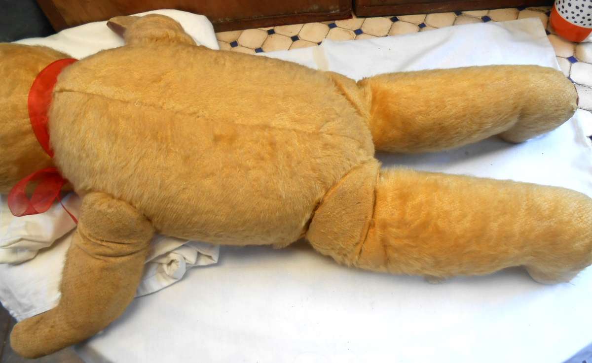 HUGE MOHAIR VINTAGE ARK TEDDY BEAR-GROWLER-RED BOW & REXINE PAWS MADE IN DURBAN IN 1950'S