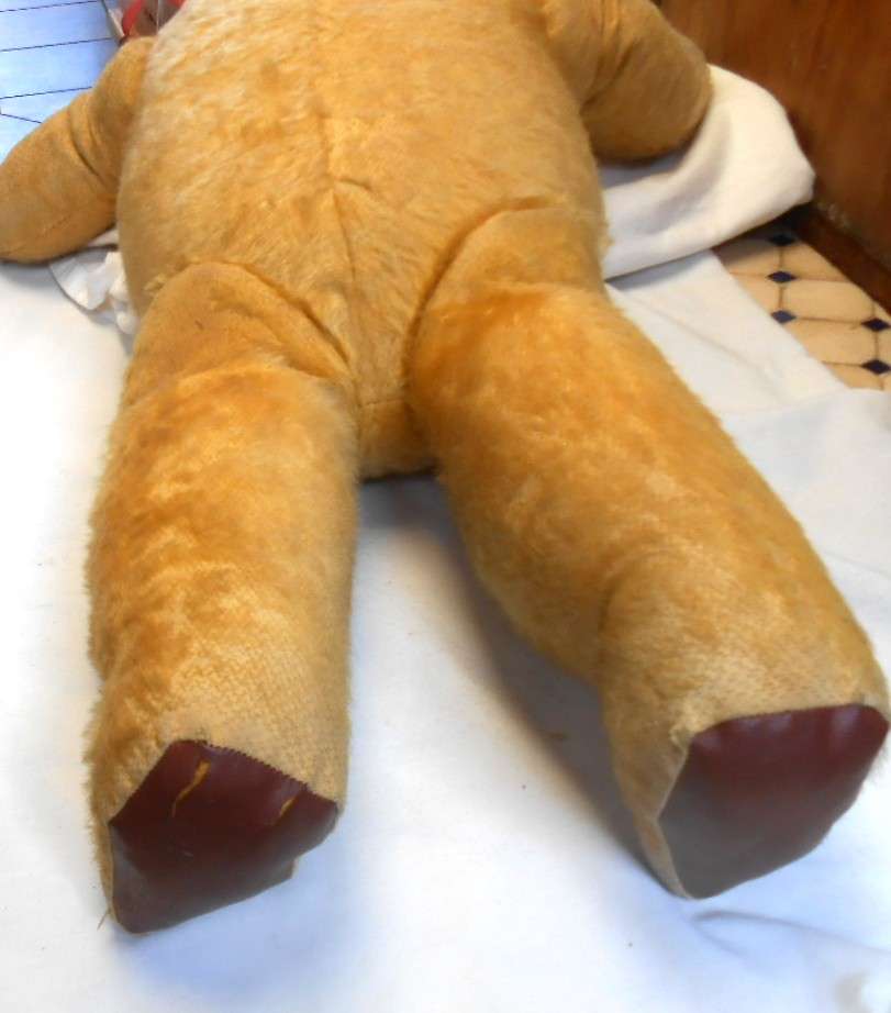 HUGE MOHAIR VINTAGE ARK TEDDY BEAR-GROWLER-RED BOW & REXINE PAWS MADE IN DURBAN IN 1950'S