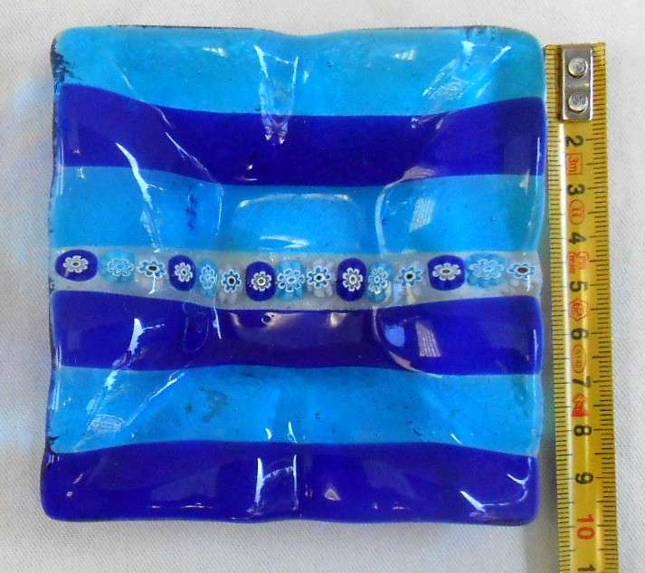 Square Vintage Blue Glass Murano trinket holder with Millefiori enamel flowers in perfect condition