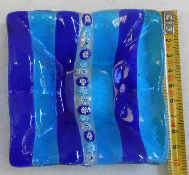 Square Vintage Blue Glass Murano trinket holder with Millefiori enamel flowers in perfect condition