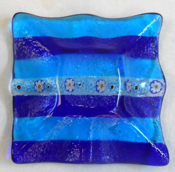 Square Vintage Blue Glass Murano trinket holder with Millefiori enamel flowers in perfect condition