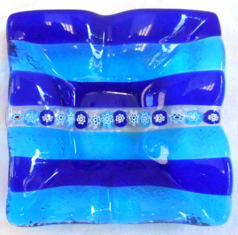 Square Vintage Blue Glass Murano trinket holder with Millefiori enamel flowers in perfect condition
