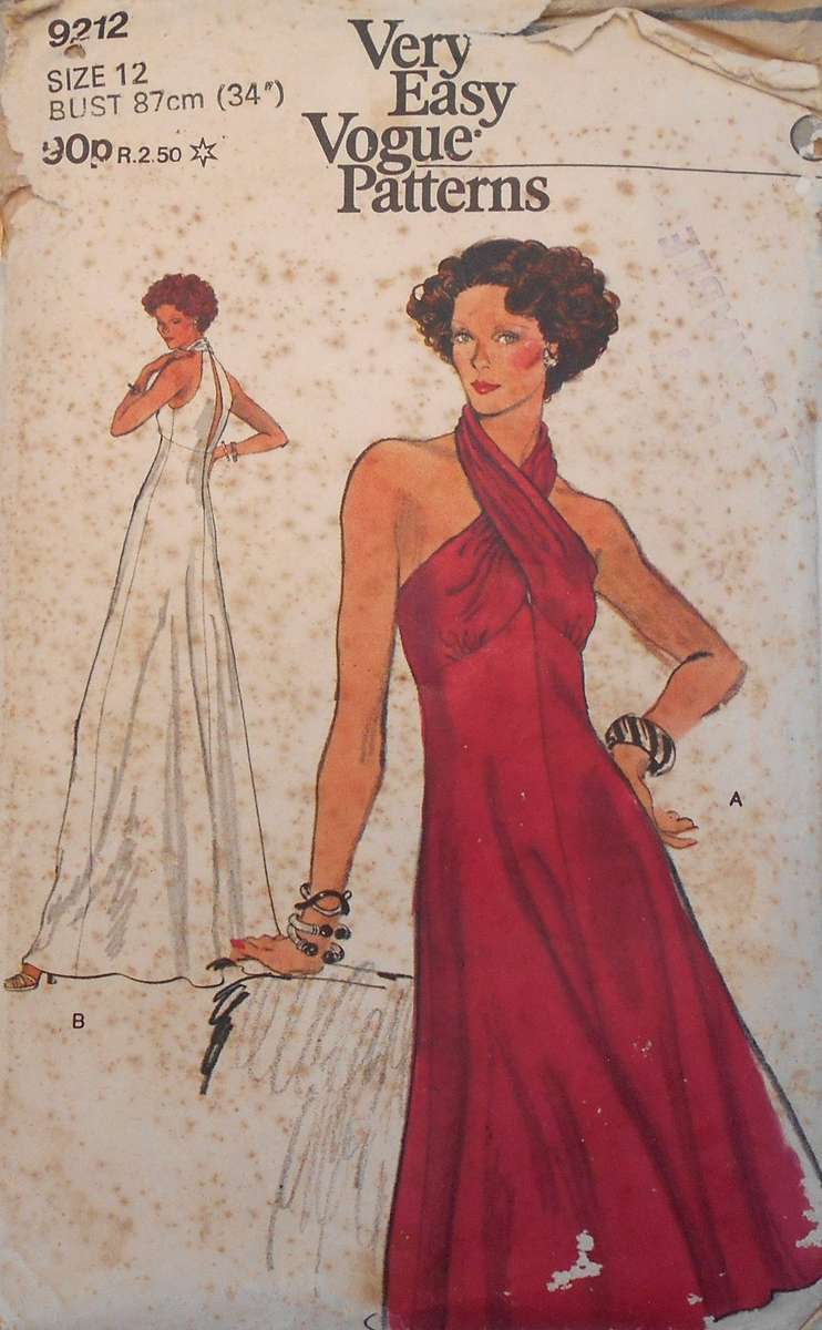 VOGUE 9212 FLOOR LENGTH FLARED DRESS WITH TWISTED HALTER NECK TOP SIZE 12 BUST 87 CM COMPLETE