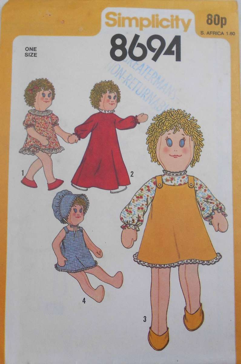 SIMPLICITY 8694 STUFFED DOLL WITH CLOTHES SIZE 18" OR 45.5 CM COMPLETE