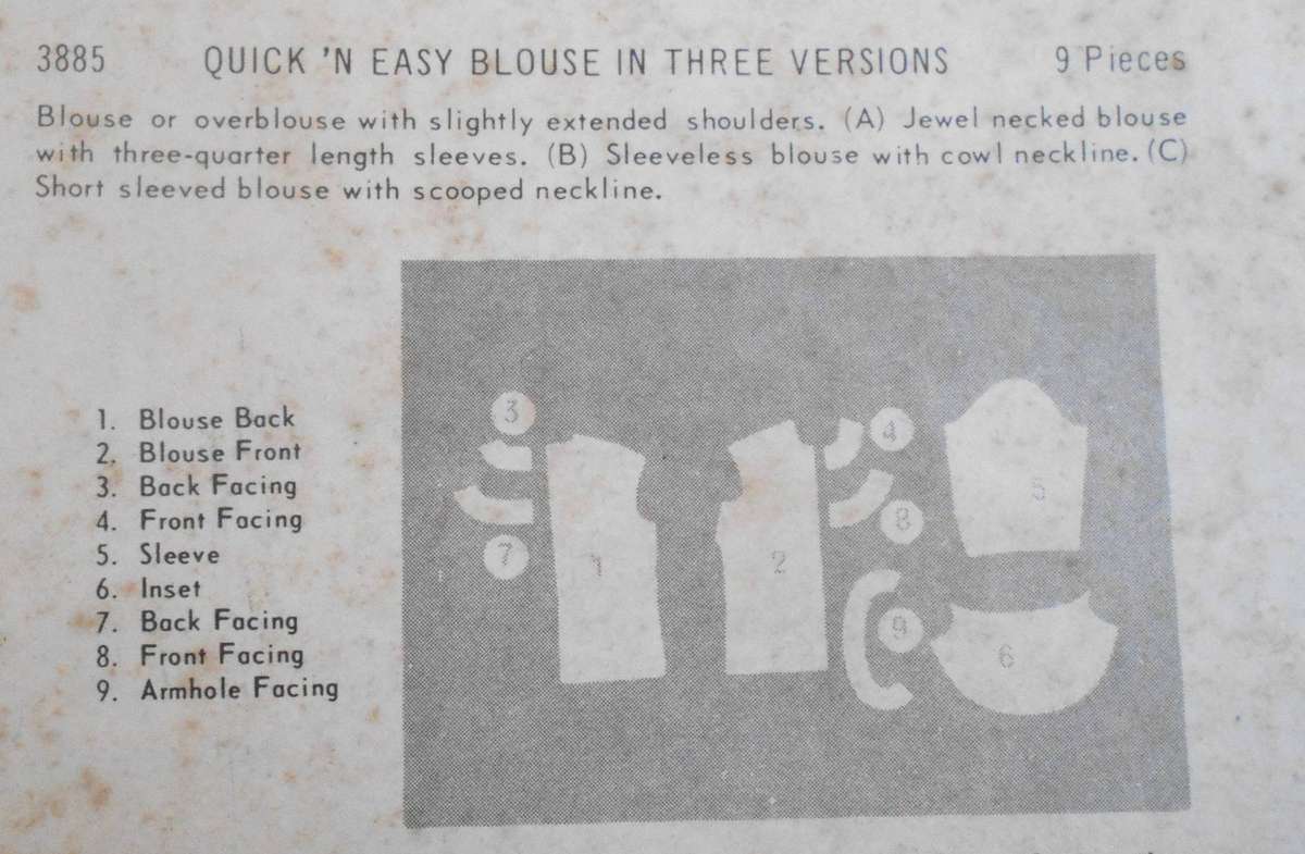 VINTAGE BUTTERICK 3885 EASY BLOUSE IN 3 VERSIONS SIZE 18 BUST 38" COMPLETE