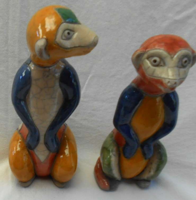 South African Raku Pair of colourful Meercats