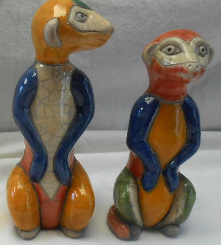 South African Raku Pair of colourful Meercats