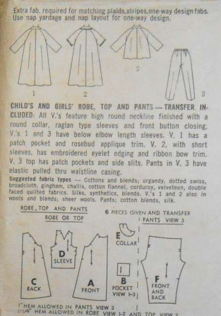 VINTAGE SIMPLICITY 5217 GIRLS ROBE & PJS WITH TRANSFER SIZE 6 YEARS BREAST 24 COMPLETE ZIPLOC