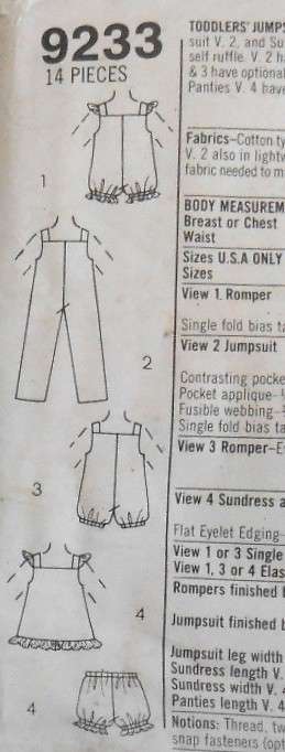 SIMPLICITY 9233 TODDLERS JUMPSUIT-ROMPERS-PULLOVER SUNDRESS-PANTIES SIZE 6 MONTHS-1- 2 YEAR COMPLETE