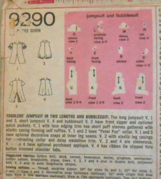 SIMPLICITY 9290 TODDLERS JUMPSUIT-BUBBLESUIT SIZE 2 YEARS BREAST 23 SEE LISTING-ZIPLOC