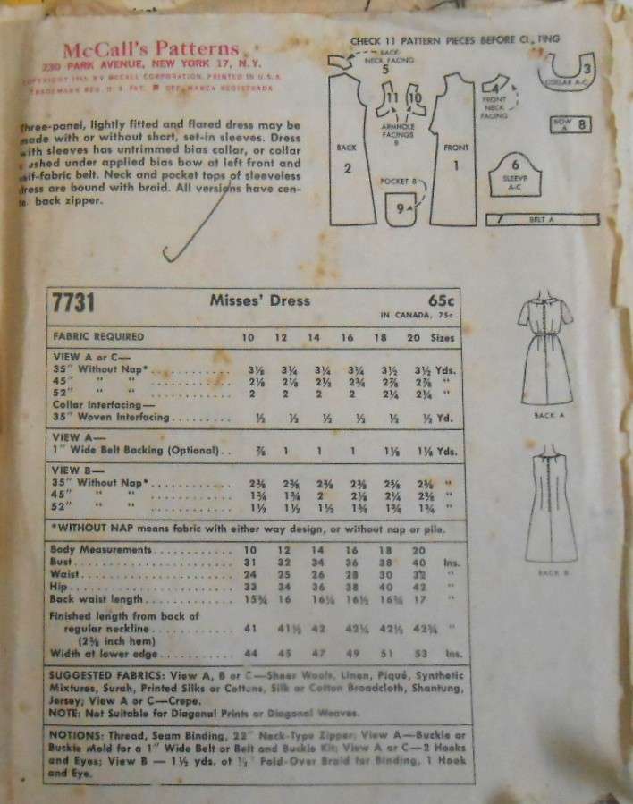 VINTAGE McCALLS 7731 ONE PIECE DRESS SIZE 12 BUST 32 COMPLETE -ZIPLOC