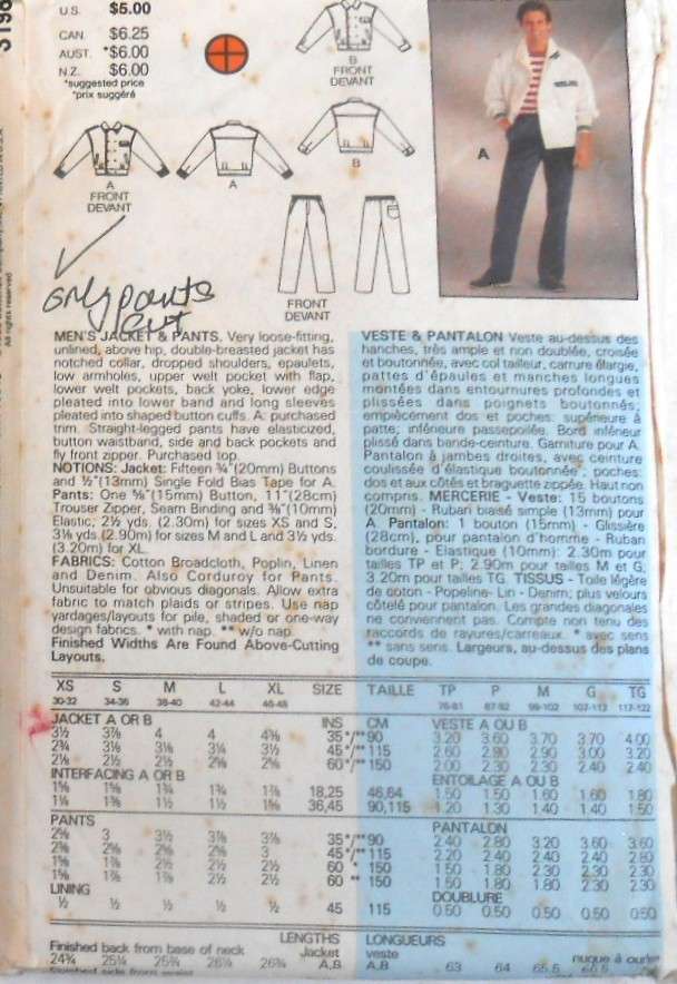 BUTTERICK 3198 MEN'S JACKET & PANTS SIZE SMALL 38-40" COMPLETE-ONLY PANTS CUT