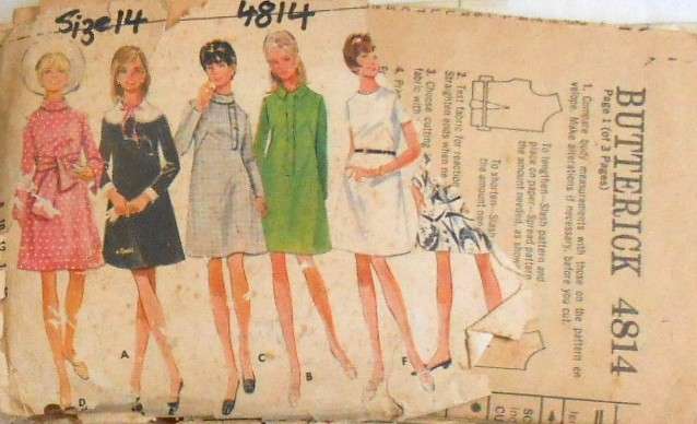 VINTAGE BUTTERICK 4814 ONE PIECE DRESS SIZE 14 COMPLETE-COVER WORN-ZIPLOC