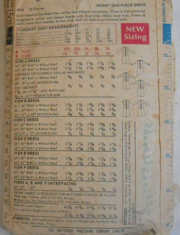 VINTAGE BUTTERICK 4814 ONE PIECE DRESS SIZE 14 COMPLETE-COVER WORN-ZIPLOC