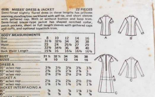 BUTTERICK 6595 DRESS & JACKET SIZE 12 COMPLETE-MOSTLY UNCUT