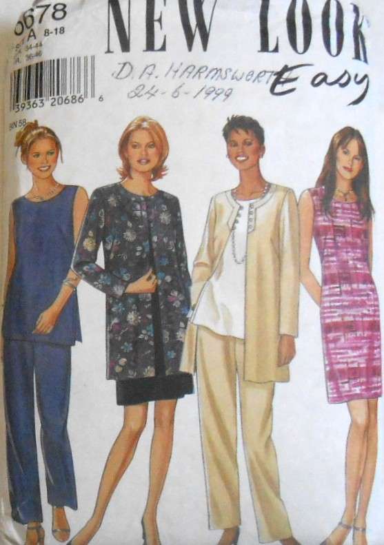 NEW LOOK PATTERNS 6678 SHEALTH DRESS-TOP-LONG COAT/JACKET-PANTS SIZE 8-18 COMPLETE-UNCUT-F/FOLDED